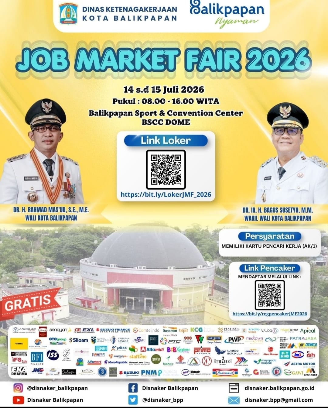 Poster Job Market Fair 2026 Balikpapan yang menyediakan 2.044 lowongan kerja dari 84 perusahaan di BSCC Dome.