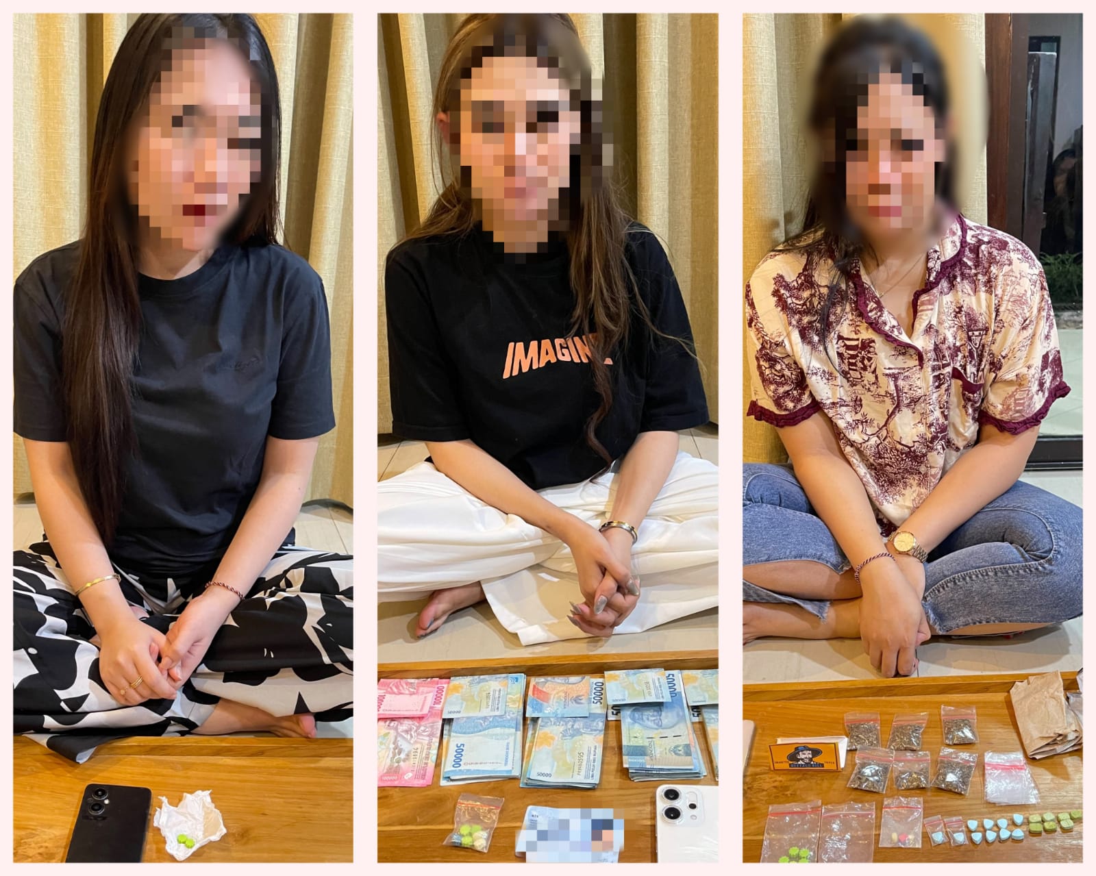 Tiga perempuan yang diamankan Ditresnarkoba Polda Kaltim dalam Operasi Antik Mahakam 2026 bersama barang bukti dugaan ekstasi, ganja, uang tunai, dan telepon genggam di Balikpapan.